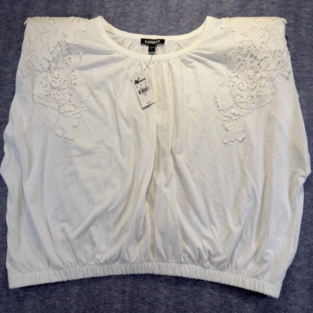 Express White Lace Shoulder Pad Tank Top Cotton Blend Blouson Hem XL NWT